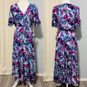 Anthropologie Sunday Mi Amor XS Tropical Hibiscus Floral Maxi Dress Purple Boho